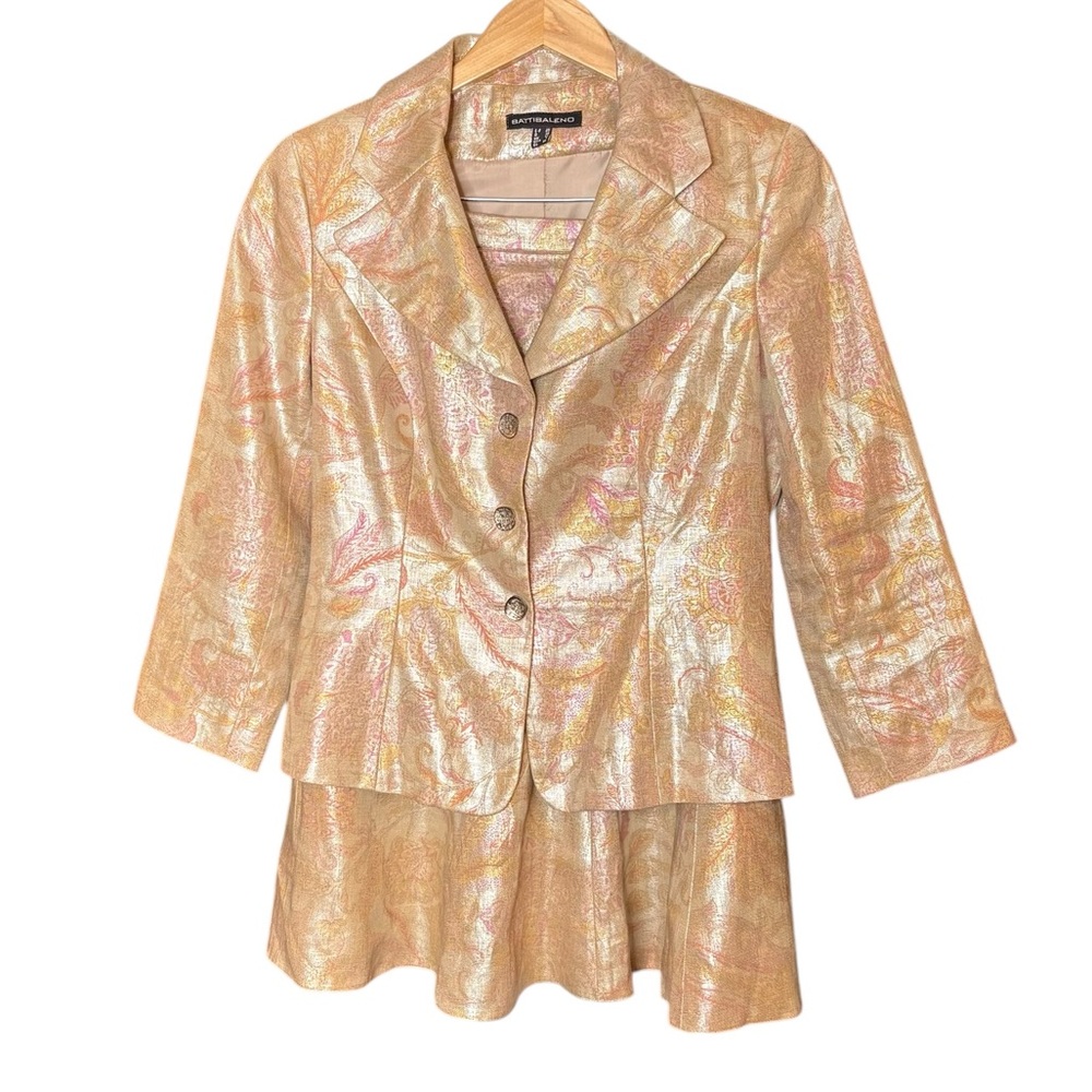 Battibaleno 2 Piece Metallic & Paisley 100% Linen Mermaid Midi Skirt Suit 8